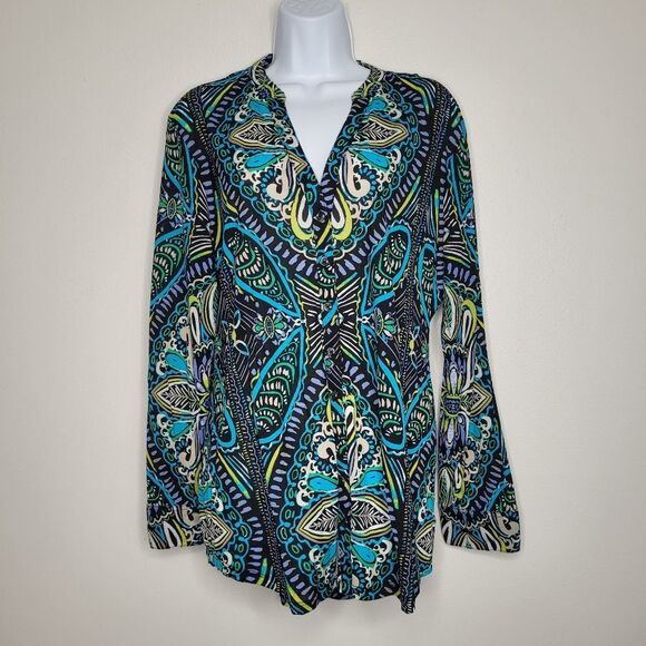 y2k Style and Co multicolor quirky button front electric art to wear top size L - Picture 1 of 6